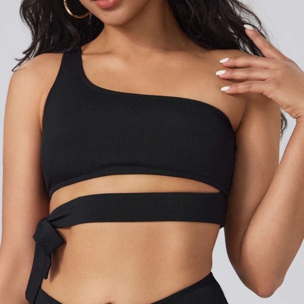 Cider Shaping Rib‎ Solid Bowknot One Shoulder Ribbed Swimsuit Top Black Womens M